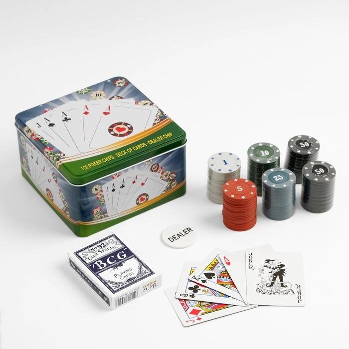 Покер, набор для игры (карты 54 шт, фишки 120 шт.), с номиналом, 15 х 15 см от компании Интернет - магазин Flap - фото 1
