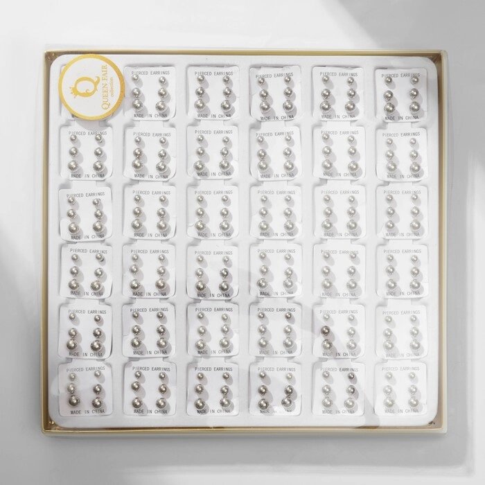 Пусеты в коробке 108 пар «Ассорти» бусины №3, 4, 5, цвет серебро от компании Интернет - магазин Flap - фото 1