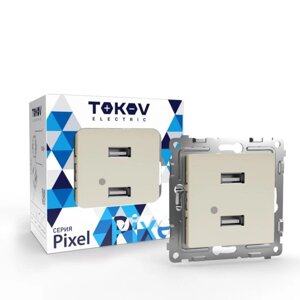 Розетка двухместная USB "TOKOV electric "pixel тип A+A, 5в, 1х2.1а, 2х1.05а, бежевый TKE-PX-2USB-