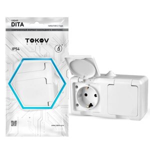 Розетка TOKOV electric, dita, 2-м, 16а, IP54, 250в, с з/к, с кр, белый, TKL-DT-R2z-C01-IP54