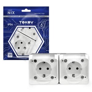 Розетка TOKOV electric, nix, 2-м, 16а, IP54, 250в, с з/к, с прозр. кр, белый, TKE-NX-R2z-C01T-IP54