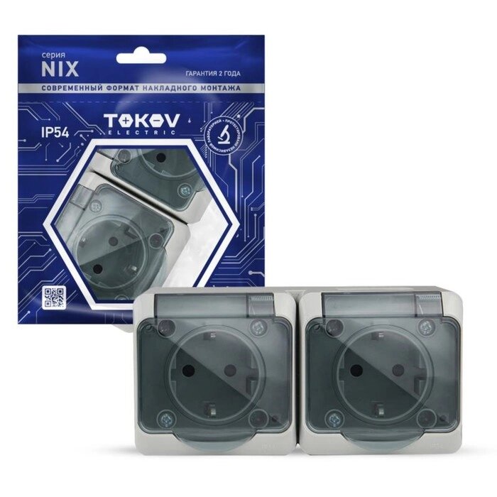 Розетка TOKOV ELECTRIC, Nix, 2-м, 16А, IP54, 250В, с з/к, с прозр. кр, серый, TKE-NX-R2Z-C06T-IP54 от компании Интернет - магазин Flap - фото 1