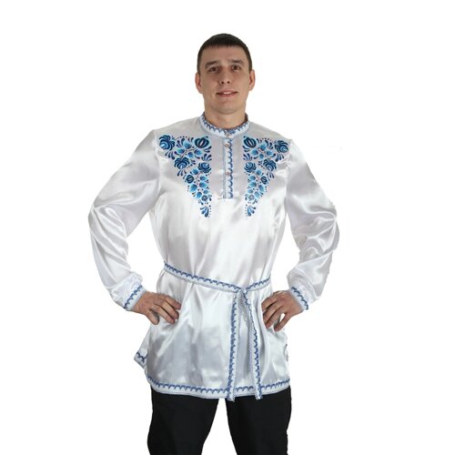 Рубаха русская мужская «Синие цветы», атлас, р. 48–50, цвет белый