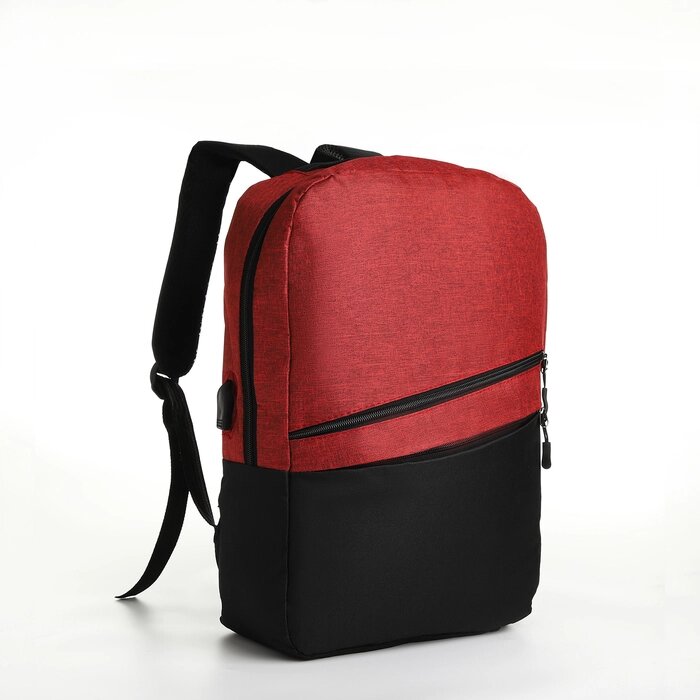 Рюкзак городской с USB из текстиля на молнии, 2 кармана, цвет чёрный/красный от компании Интернет - магазин Flap - фото 1