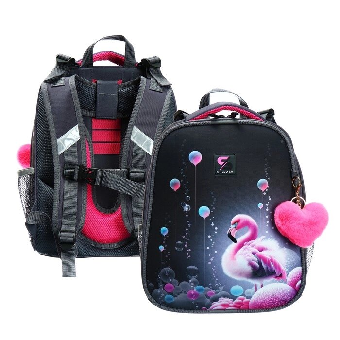 Рюкзак каркасный школьный 38 х 30 х 16 см, эргономичная спинка, Stavia "Фламинго", серый/розовый от компании Интернет - магазин Flap - фото 1