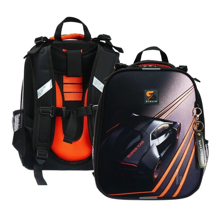 Рюкзак каркасный школьный 38 х 30 х 16 см, эргономичная спинка, Stavia "Super car", чёрный/оранжевый от компании Интернет - магазин Flap - фото 1