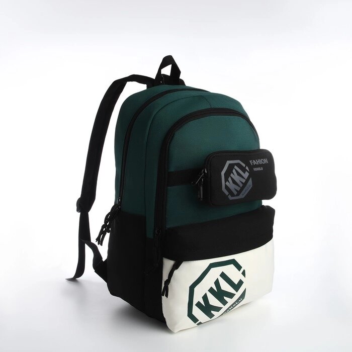 Рюкзак молодёжный из текстиля на молнии, 3 кармана, сумка, держатель для чемодана, цвет чёрный/зелёный от компании Интернет - магазин Flap - фото 1