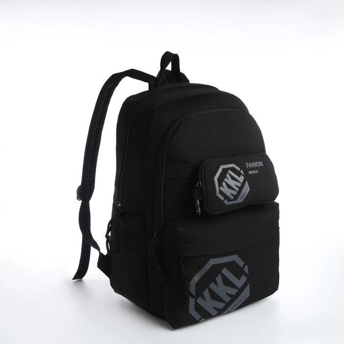 Рюкзак молодёжный из текстиля на молнии, 3 кармана, сумка, держатель для чемодана, цвет чёрный от компании Интернет - магазин Flap - фото 1