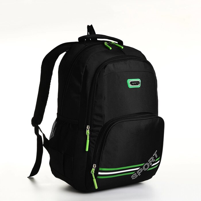 Рюкзак молодёжный на молнии, 4 кармана, цвет чёрный/зелёный от компании Интернет - магазин Flap - фото 1