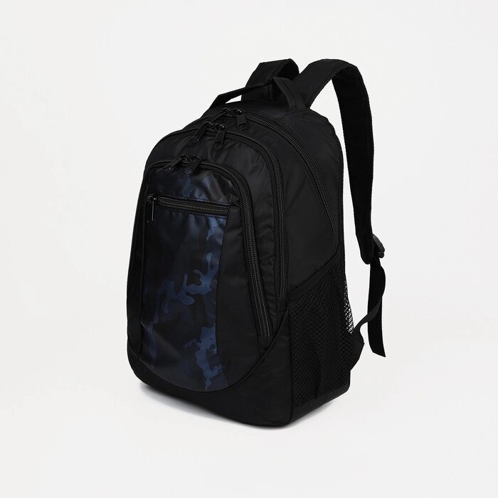 Рюкзак мужской со светоотражающими элементами, 2 отдела на молниях, 4 наружных кармана, цвет чёрный/синий от компании Интернет - магазин Flap - фото 1