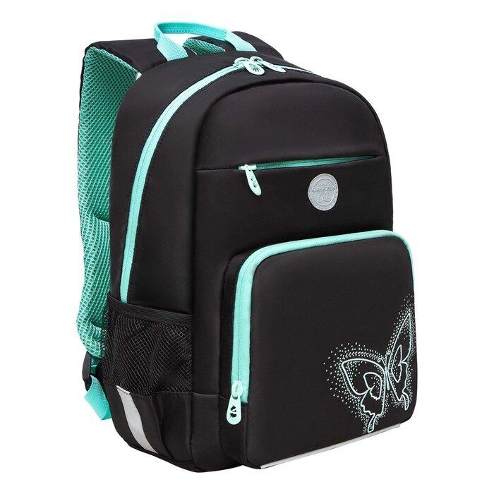 Рюкзак школьный, 40 х 25 х 13 см, Grizzly, эргономичная спинка, отделение для ноутбука, чёрный/бирюзовый от компании Интернет - магазин Flap - фото 1