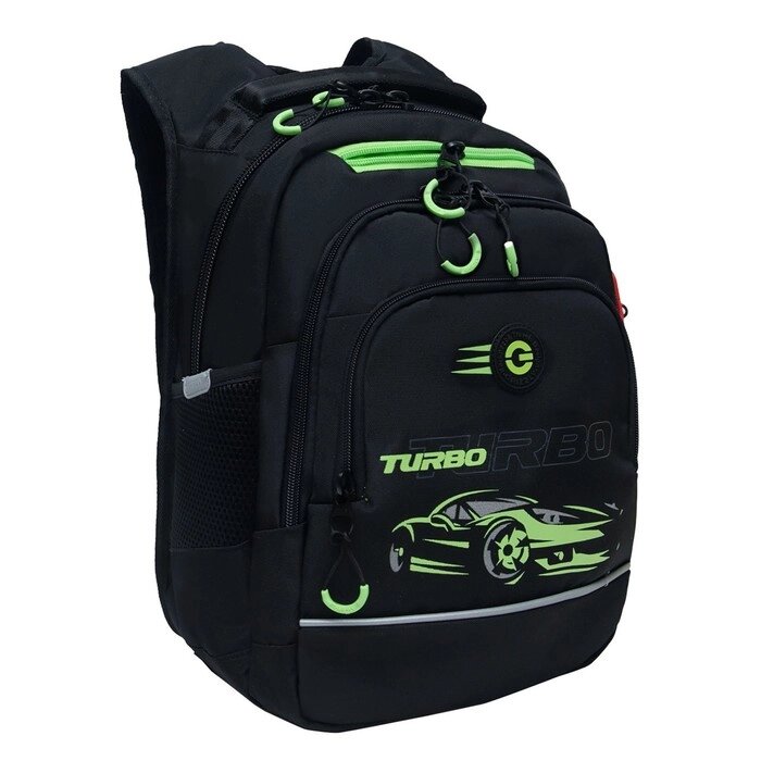 Рюкзак школьный, 40 х 25 х 22 см, Grizzly, эргономичная спинка, отделение для ноутбука, чёрный/зелёный от компании Интернет - магазин Flap - фото 1