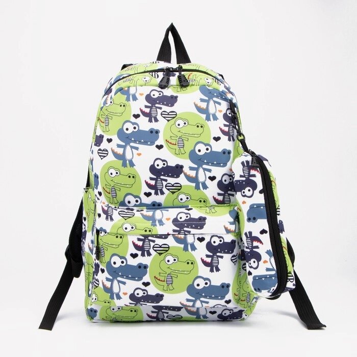 Рюкзак школьный из текстиля на молнии, наружный карман, пенал, цвет зелёный от компании Интернет - магазин Flap - фото 1