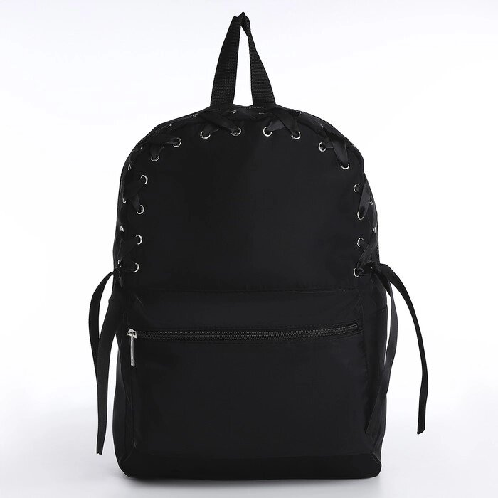 Рюкзак текстильный с лентой, 38х29х11 см, 38 х черный  черный, отдел на молнии, цвет красный от компании Интернет - магазин Flap - фото 1