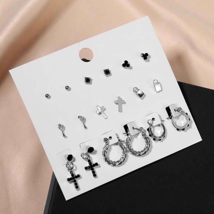 Серьги набор 9 пар «Крестики» кольца, цвет чёрный в серебре от компании Интернет - магазин Flap - фото 1