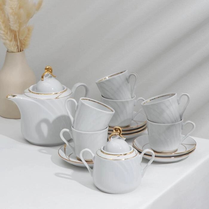 Сервиз чайный фарфоровый «Бомонд», 14 предметов: чайник 1 л, 6 чашек 220 мл, 6 блюдец d=14 cм, сахарница 400 мл от компании Интернет - магазин Flap - фото 1