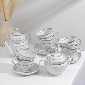 Сервиз чайный фарфоровый «Европейский», 14 предметов: чайник 800 мл, 6 чашек 250 мл, 6 блюдец d=15 cм, сахарница 550 мл