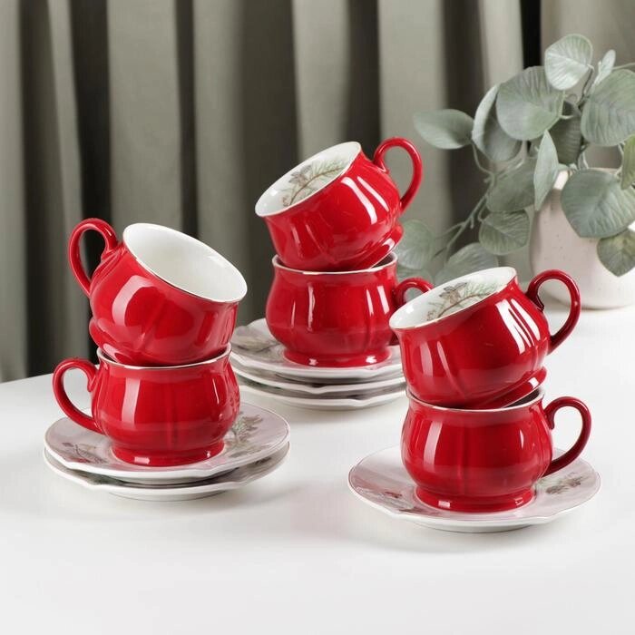 Сервиз керамический чайный «Шишечки», 12 предметов: чашка 200 мл, блюдце d=14,5 см, цвет красный от компании Интернет - магазин Flap - фото 1