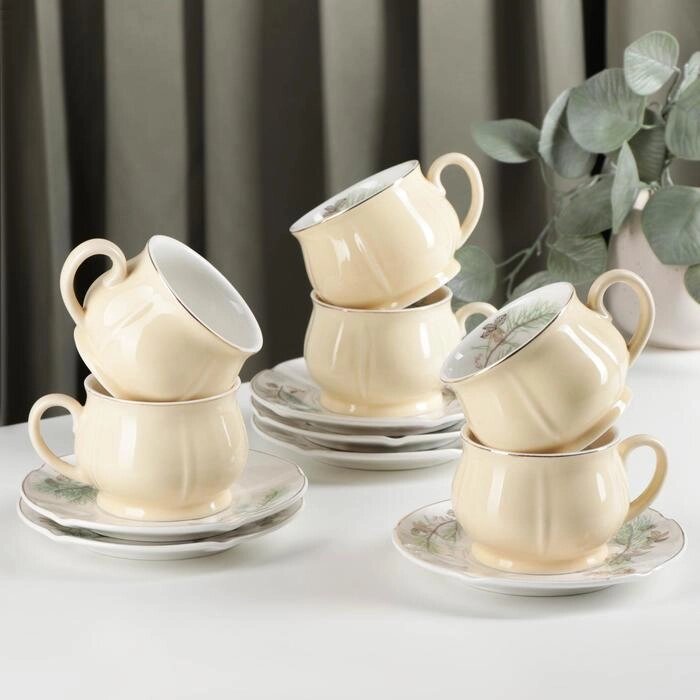 Сервиз керамический чайный «Шишечки», 12 предметов: чашка 200 мл, блюдце d=14,5 см, цвет жёлтый от компании Интернет - магазин Flap - фото 1