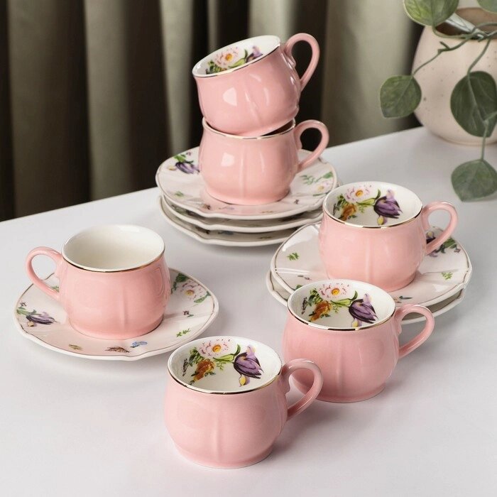 Сервиз керамический кофейный «Сирена», 12 предметов: 6 чашек 100 мл, 6 блюдец 12 см, цвет розовый от компании Интернет - магазин Flap - фото 1