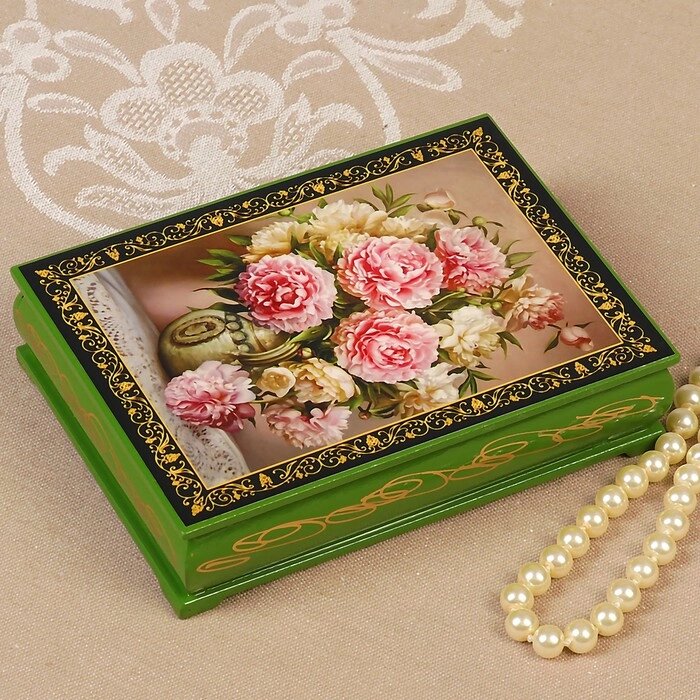 Шкатулка «Бело-розовые цветы», зелёная, 1014 см, лаковая миниатюра от компании Интернет - магазин Flap - фото 1
