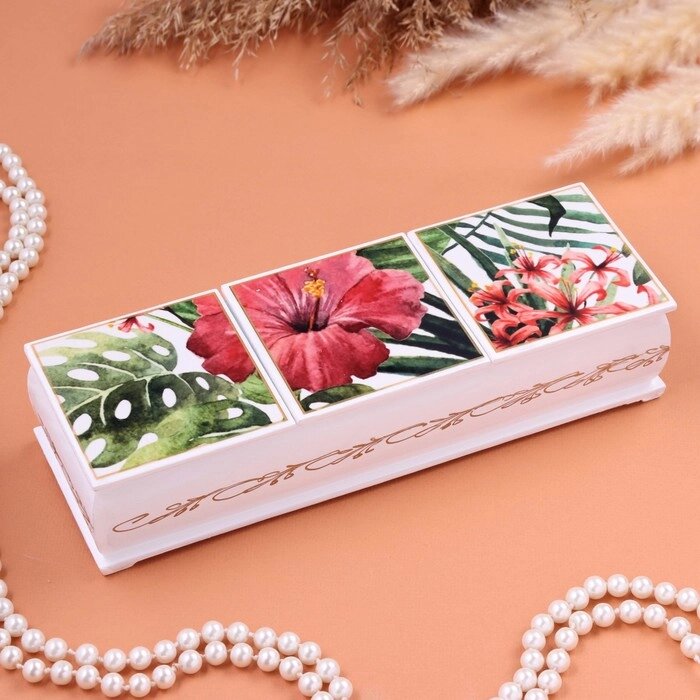 Шкатулка "Цветы", белая, 23 х 7,5 х 5 см, тройная, лаковая миниатюра от компании Интернет - магазин Flap - фото 1