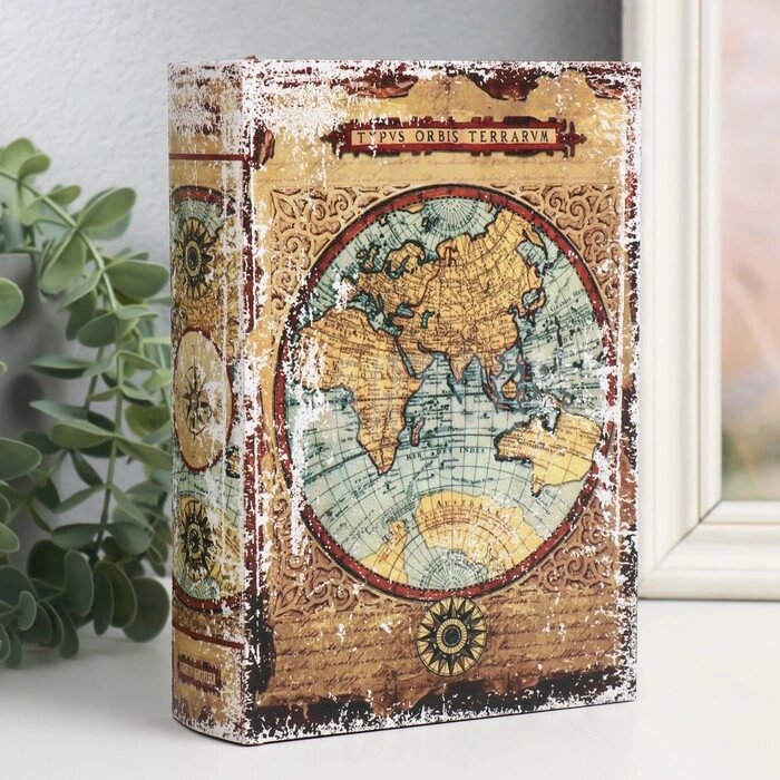 Шкатулка-книга дерево, кожзам "Атлас мира с компасом" 4,5х13х18 см от компании Интернет - магазин Flap - фото 1