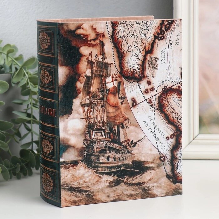 Шкатулка-книга дерево, кожзам "Корабль и карта" 6х15х20 см от компании Интернет - магазин Flap - фото 1