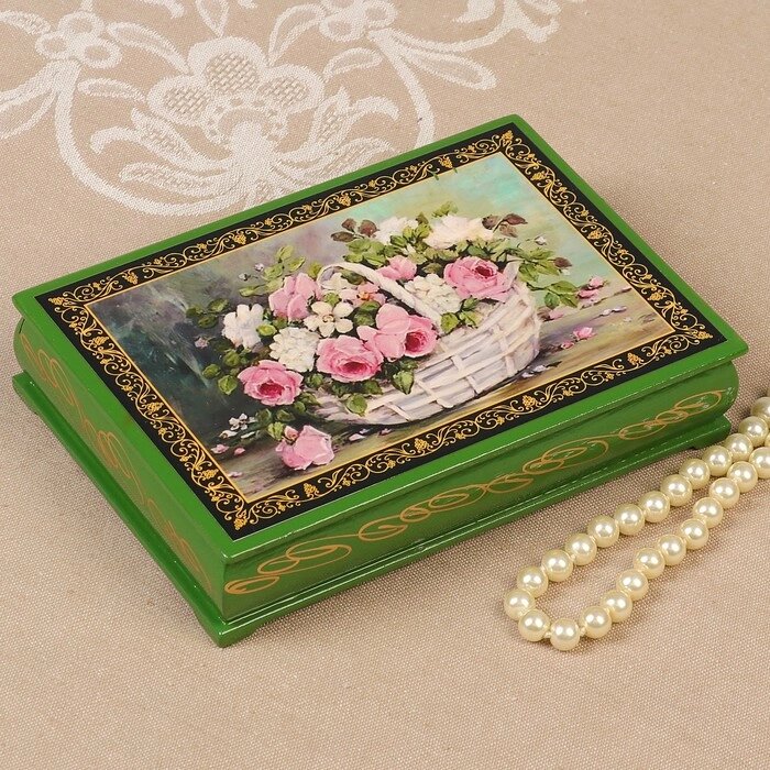 Шкатулка «Розы с полевыми цветами в корзине», зелёная, 1116 см, лаковая миниатюра от компании Интернет - магазин Flap - фото 1