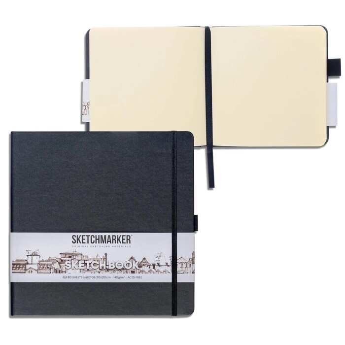 Скетчбук Sketchmarker, 200 х 200 мм, 80 листов, твёрдая обложка из бумвинила, чёрный, блок 140 г/м2 от компании Интернет - магазин Flap - фото 1