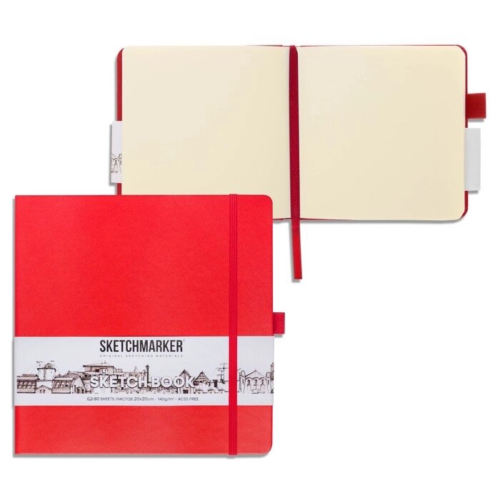 Скетчбук Sketchmarker, 200 х 200 мм, 80 листов, твёрдая обложка из бумвинила, красный, блок 140 г/м2 от компании Интернет - магазин Flap - фото 1