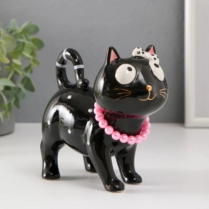 Сувенир керамика "Кошечка с бантом и ожерельем" чёрный 13,8х7,4х13 см от компании Интернет - магазин Flap - фото 1