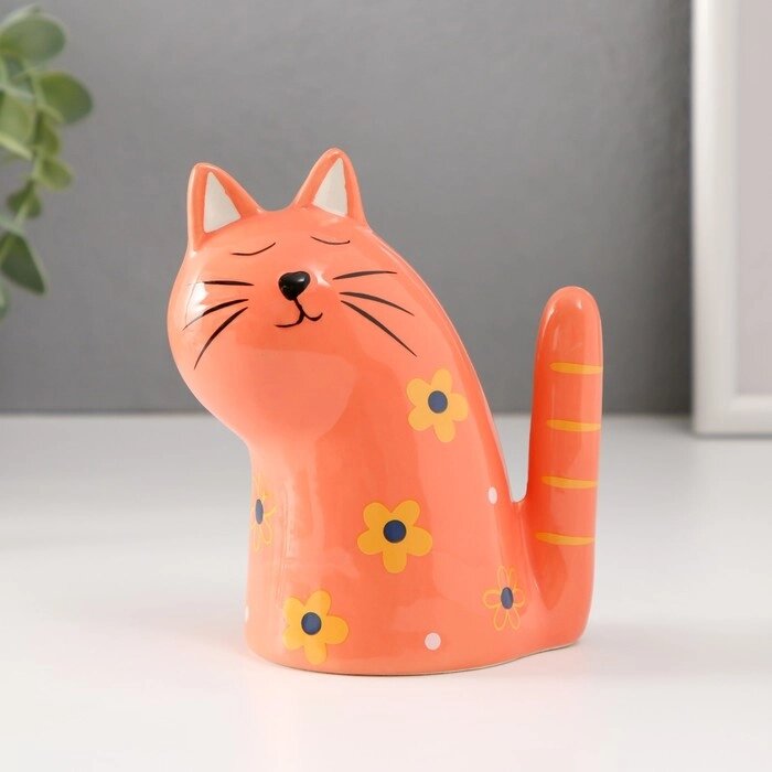 Сувенир керамика "Котик рыжий, с цветами, хвост трубой" 10,2х6,3х12,3 см от компании Интернет - магазин Flap - фото 1