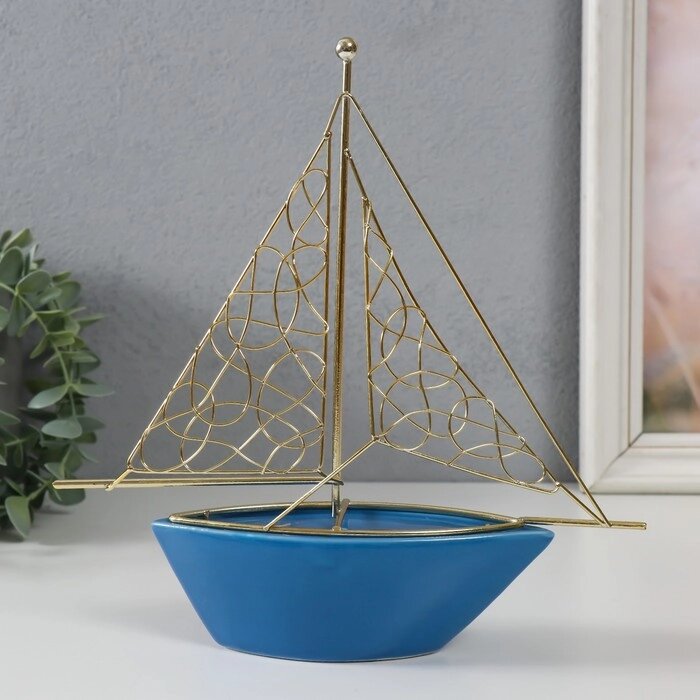 Сувенир керамика, металл "Корабль с парусами" голубой с золотом 22,8х5,9х24 см от компании Интернет - магазин Flap - фото 1