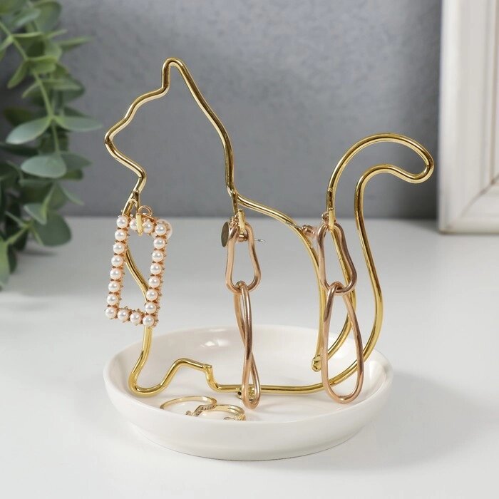 Сувенир керамика, металл подставка "Кошка" белая с золотом 10,5х10х12,5 см от компании Интернет - магазин Flap - фото 1