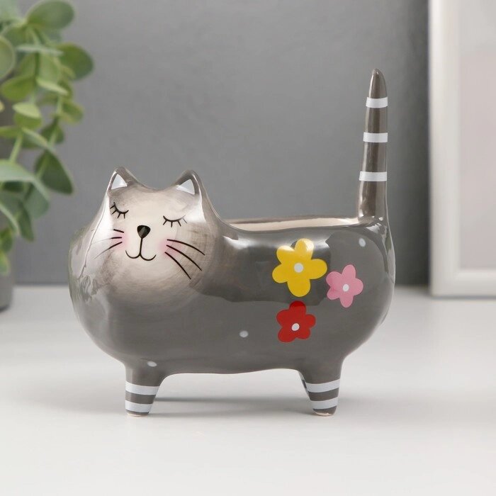 Сувенир керамика подставка "Серый упитанный котик с цветами" 11,2х7,6х11,8 см от компании Интернет - магазин Flap - фото 1