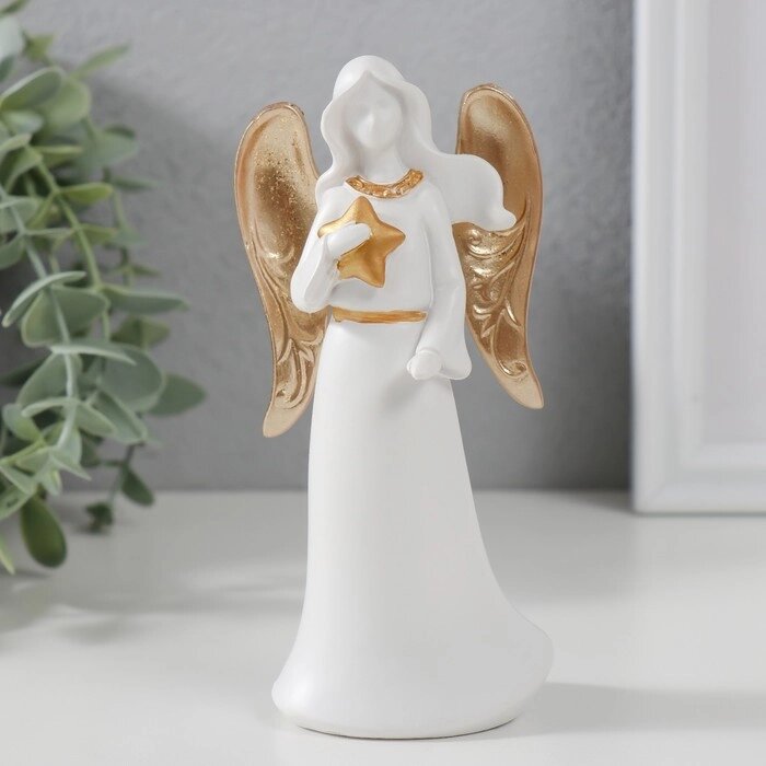 Сувенир полистоун "Ангел-дева со звездой" белый с золотом 13,5х6,3х4,5 см от компании Интернет - магазин Flap - фото 1