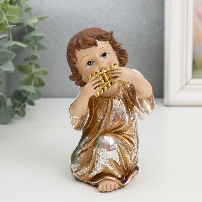 Сувенир полистоун "Ангел играет на пан-флейте" золотистый 7х8х12,5 см от компании Интернет - магазин Flap - фото 1