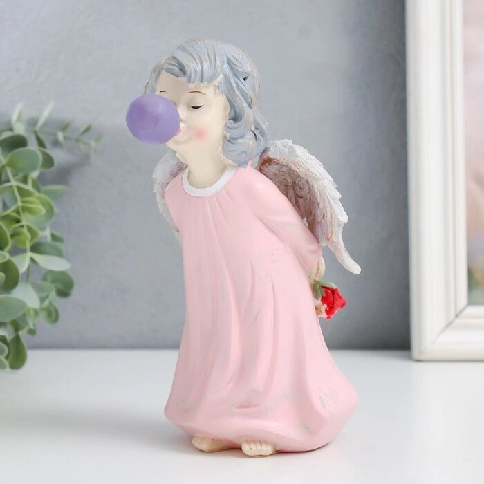Сувенир полистоун "Ангел с розой, надувает пузырь" 8х8х18 см от компании Интернет - магазин Flap - фото 1