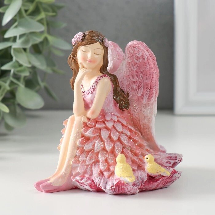 Сувенир полистоун "Девочка-ангел в розовом платье с птичками" розовые крылья 10х8,5х10 см от компании Интернет - магазин Flap - фото 1