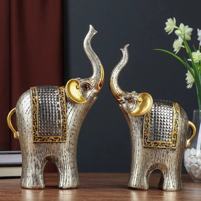 Сувенир полистоун "Два слона с попоной-кальчугой" набор 2 шт 26,5х7,5х16,5 см от компании Интернет - магазин Flap - фото 1