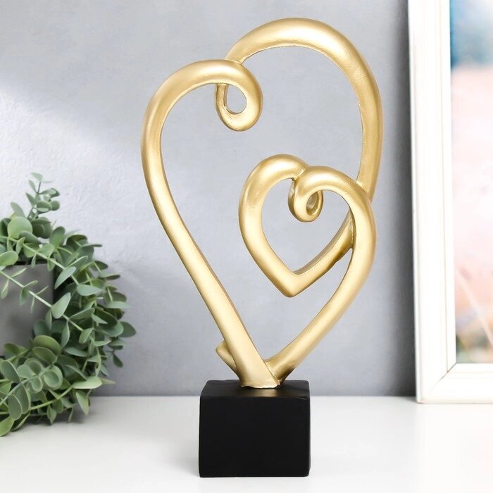 Сувенир полистоун "Двойное золотое сердце" на чёрной подставке 15,5х7х29 см от компании Интернет - магазин Flap - фото 1