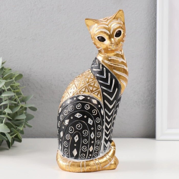 Сувенир полистоун "Кошка с узорами, сидит" золото с чёрным 10,5х8х22 см от компании Интернет - магазин Flap - фото 1