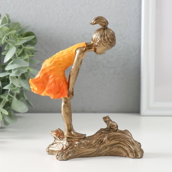 Сувенир полистоун "Малышка и лягушонок" бронза, оранжевый 12х5х15 см (комплект из 2 шт.) от компании Интернет - магазин Flap - фото 1