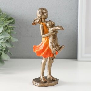 Сувенир полистоун "Малышка в оранжевом платье с котом" бронза 7,5х6х16 см (комплект из 2 шт.)