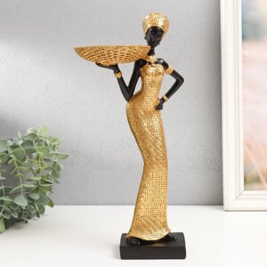 Сувенир полистоун подставка "Африканка с плетёной корзиной" золото 33х16,5х10 см