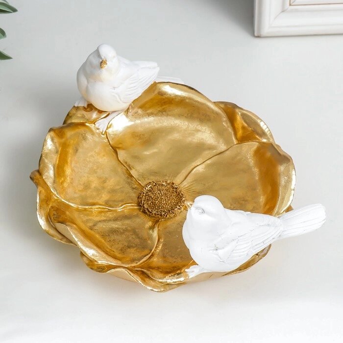 Сувенир полистоун подставка "Белые воробушки на золотом цветке" 9,5х18х20 см от компании Интернет - магазин Flap - фото 1