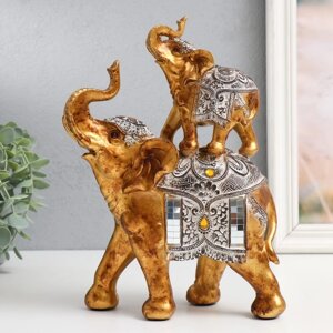 Сувенир полистоун "Слон со слонёнком на спине - попона с узорами и янтарём" 18,5х9х25,5 см