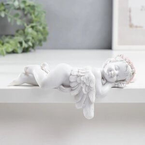 Сувенир полистоун "Спящий белоснежный ангел с венком" 7,5х16,5х6,5 см (комплект из 2 шт.)