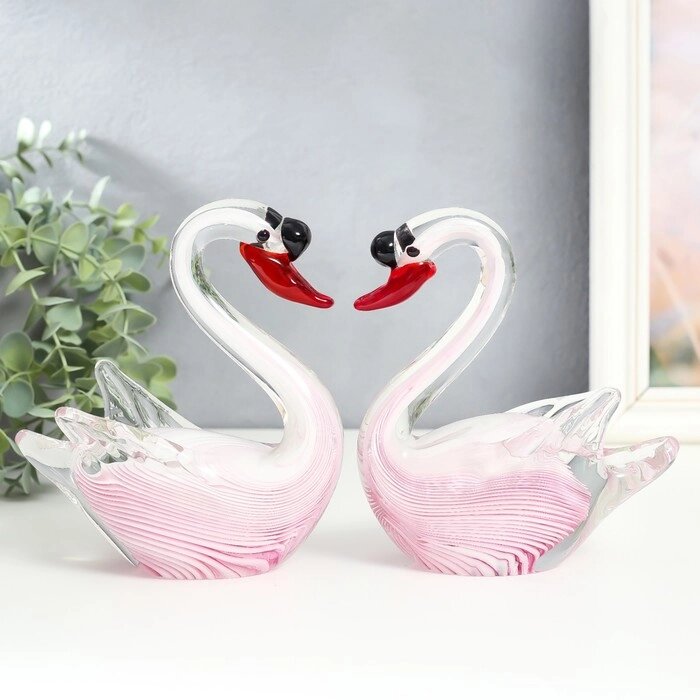 Сувенир стекло "Лебеди в розовую полоску с красным клювом" набор 2 шт 13,5х6х16 см от компании Интернет - магазин Flap - фото 1